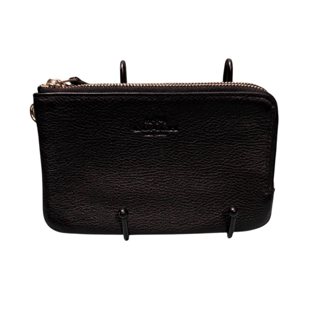 Coach Black Pebbled Leather Double Corner Zip Wristlet Pouch Wallet Gold F66505